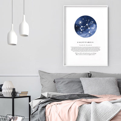 Sagittarius Star Sign | Watercolour Circle - Art Print, Poster, Stretched Canvas or Framed Wall Art Prints, shown framed in a room