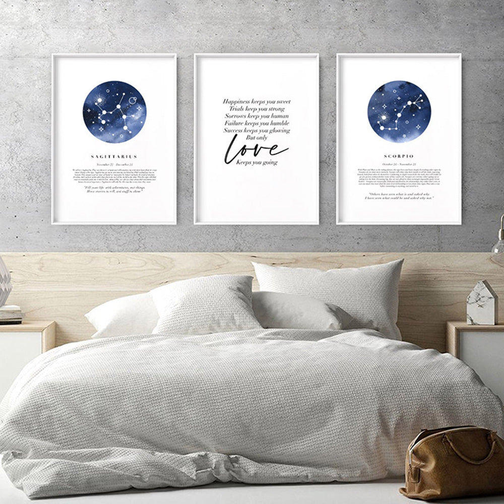 Sagittarius Star Sign | Watercolour Circle - Art Print, Poster, Stretched Canvas or Framed Wall Art, shown framed in a home interior space
