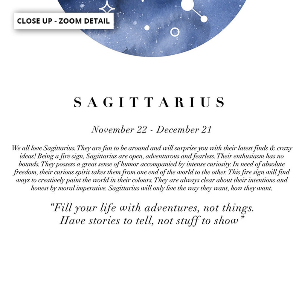 Sagittarius Star Sign | Watercolour Circle - Art Print, Poster, Stretched Canvas or Framed Wall Art, Close up View of Print Resolution