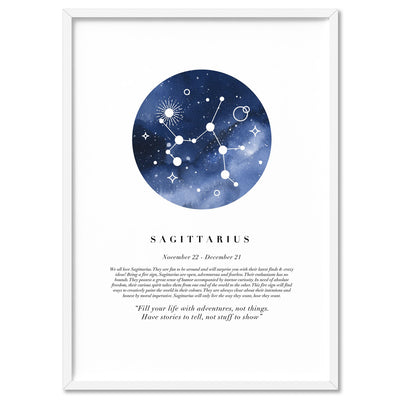 Sagittarius Star Sign | Watercolour Circle - Art Print, Poster, Stretched Canvas, or Framed Wall Art Print, shown in a white frame