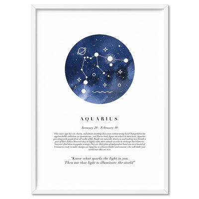 Aquarius Star Sign | Watercolour Circle - Art Print, Poster, Stretched Canvas, or Framed Wall Art Print, shown in a white frame