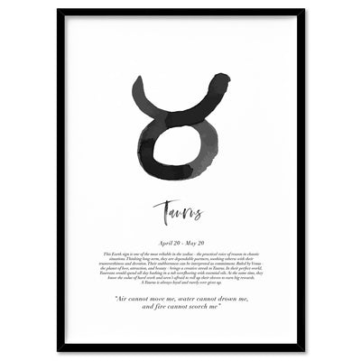 Taurus Star Sign | Watercolour Symbol - Art Print, Poster, Stretched Canvas, or Framed Wall Art Print, shown in a black frame