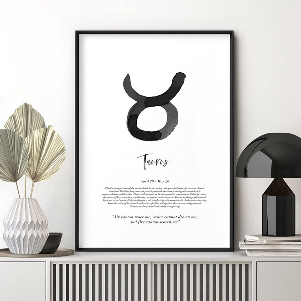 Taurus Star Sign | Watercolour Symbol - Art Print, Poster, Stretched Canvas or Framed Wall Art, shown framed in a room