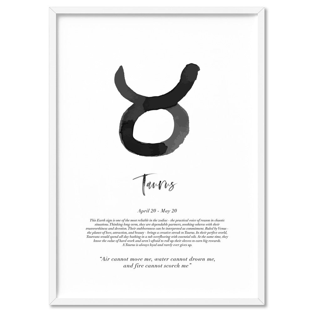 Taurus Star Sign | Watercolour Symbol - Art Print, Poster, Stretched Canvas, or Framed Wall Art Print, shown in a white frame