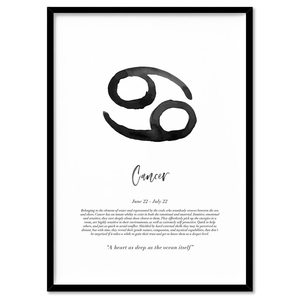 Cancer Star Sign | Watercolour Symbol - Art Print, Poster, Stretched Canvas, or Framed Wall Art Print, shown in a black frame