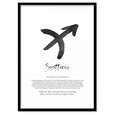 Sagittarius Star Sign | Watercolour Symbol - Art Print, Poster, Stretched Canvas, or Framed Wall Art Print, shown in a black frame