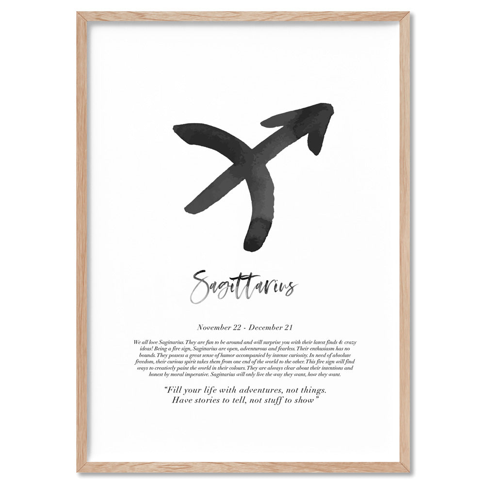 Sagittarius Star Sign | Watercolour Symbol - Art Print, Poster, Stretched Canvas, or Framed Wall Art Print, shown in a natural timber frame