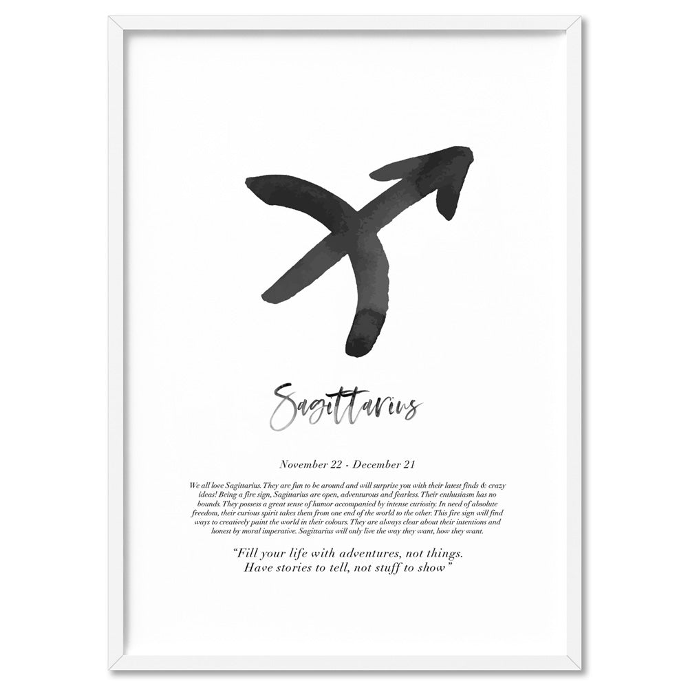 Sagittarius Star Sign | Watercolour Symbol - Art Print, Poster, Stretched Canvas, or Framed Wall Art Print, shown in a white frame