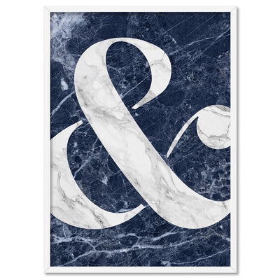 Ampersand in Navy Marble - Art Print, Poster, Stretched Canvas, or Framed Wall Art Print, shown in a white frame