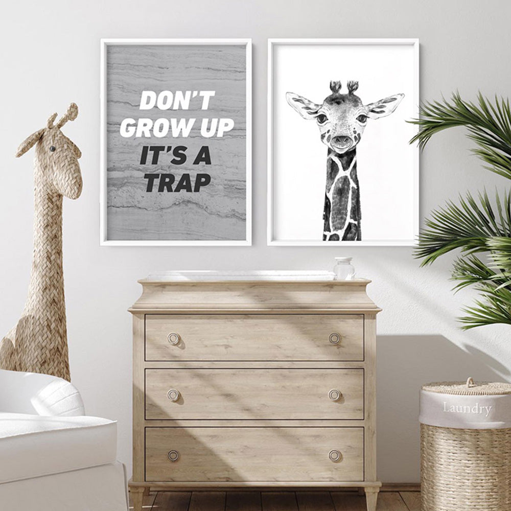 Don't Grow Up, It's a Trap! - Art Print, Poster, Stretched Canvas or Framed Wall Art, shown framed in a home interior space