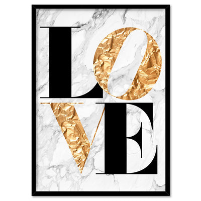 Iconic Love in faux gold & white marble - Art Print, Poster, Stretched Canvas, or Framed Wall Art Print, shown in a black frame