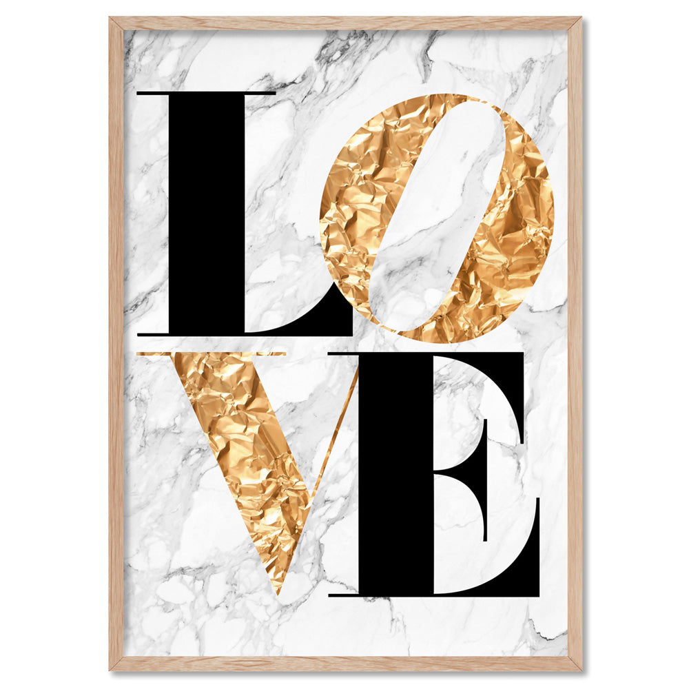Iconic Love in faux gold & white marble - Art Print, Poster, Stretched Canvas, or Framed Wall Art Print, shown in a natural timber frame
