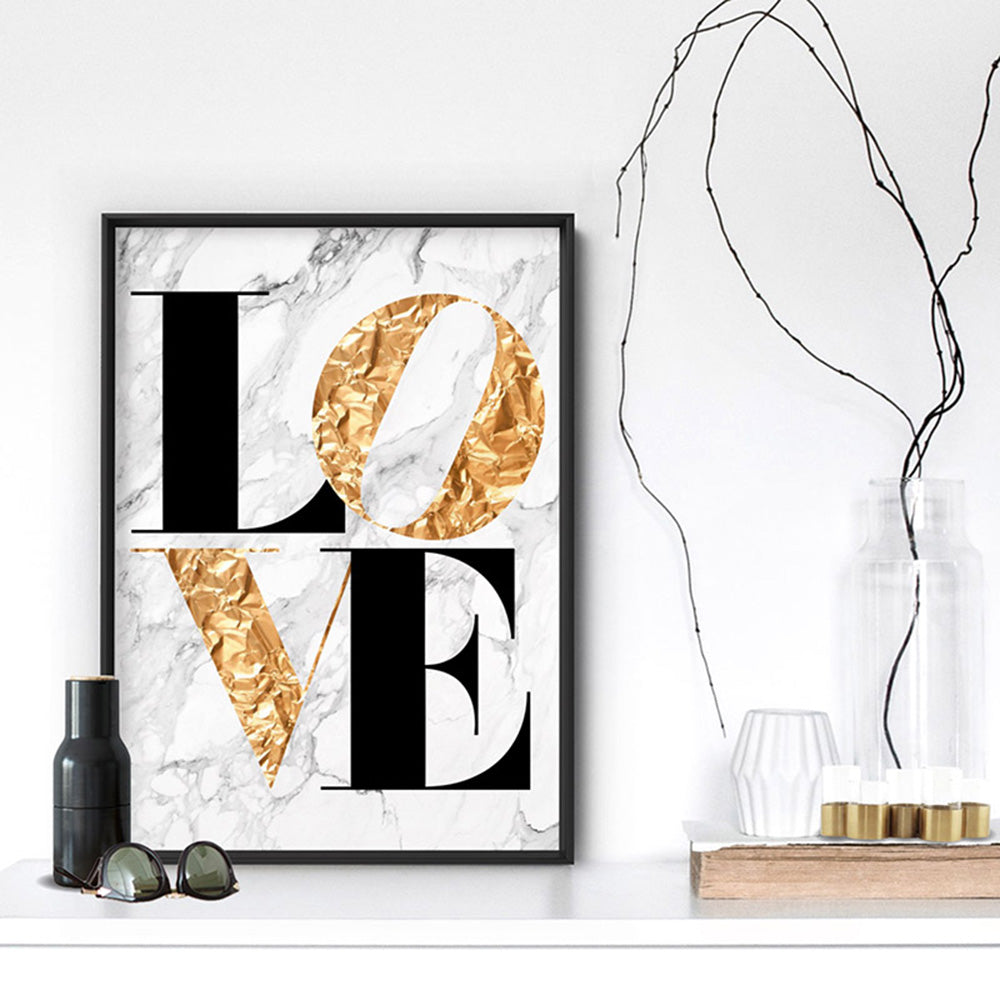 Iconic Love in faux gold & white marble - Art Print, Poster, Stretched Canvas or Framed Wall Art, shown framed in a room