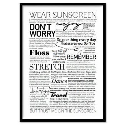 Everybody's Free (to Wear Sunscreen) Lyrics - Art Print, Poster, Stretched Canvas, or Framed Wall Art Print, shown in a black frame