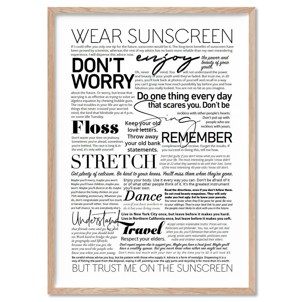 Everybody's Free (to Wear Sunscreen) Lyrics - Art Print, Poster, Stretched Canvas, or Framed Wall Art Print, shown in a natural timber frame