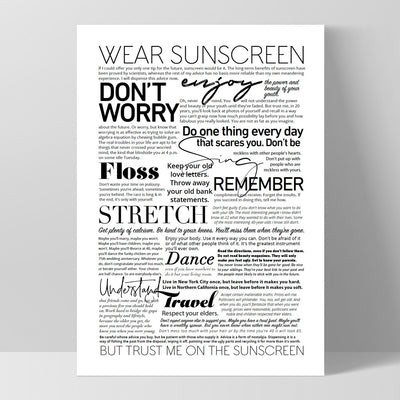 Everybody's Free (to Wear Sunscreen) Lyrics - Art Print, Poster, Stretched Canvas, or Framed Wall Art Print, shown as a stretched canvas or poster without a frame