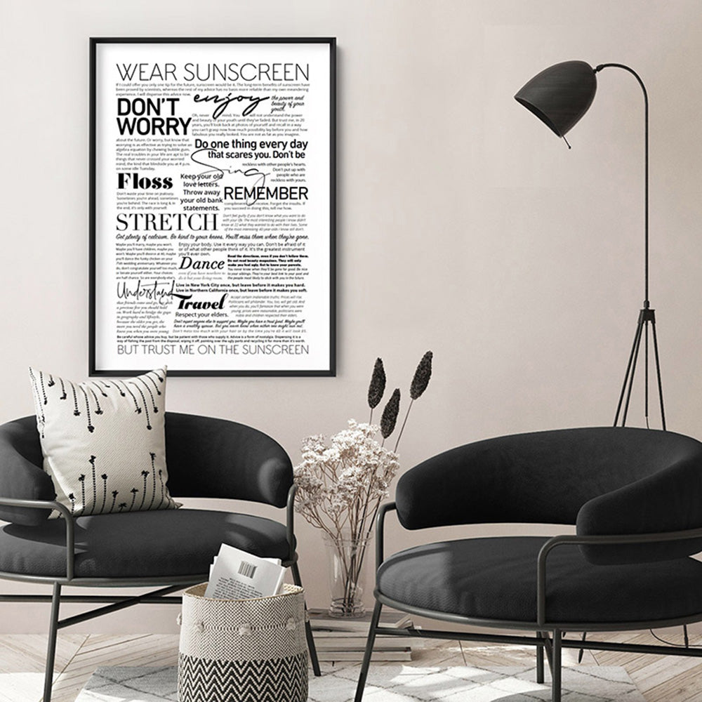 Everybody's Free (to Wear Sunscreen) Lyrics - Art Print, Poster, Stretched Canvas or Framed Wall Art, shown framed in a room
