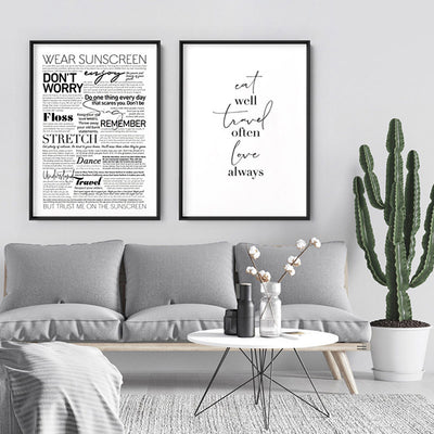 Everybody's Free (to Wear Sunscreen) Lyrics - Art Print, Poster, Stretched Canvas or Framed Wall Art, shown framed in a home interior space