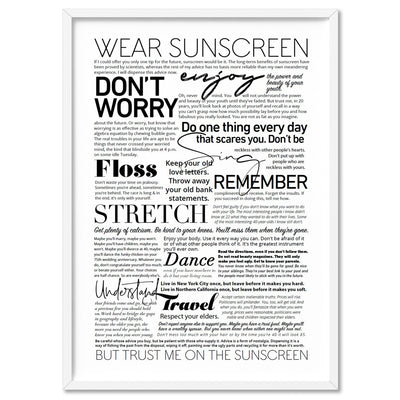Everybody's Free (to Wear Sunscreen) Lyrics - Art Print, Poster, Stretched Canvas, or Framed Wall Art Print, shown in a white frame