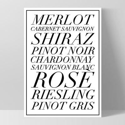 The Wine List (black & white) - Art Print, Poster, Stretched Canvas, or Framed Wall Art Print, shown as a stretched canvas or poster without a frame
