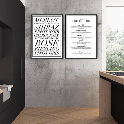 The Wine List (black & white) - Art Print, Poster, Stretched Canvas or Framed Wall Art, shown framed in a home interior space