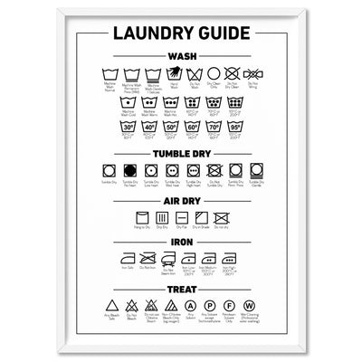Laundry Guide | Care Symbols Chart - Art Print, Poster, Stretched Canvas, or Framed Wall Art Print, shown in a white frame