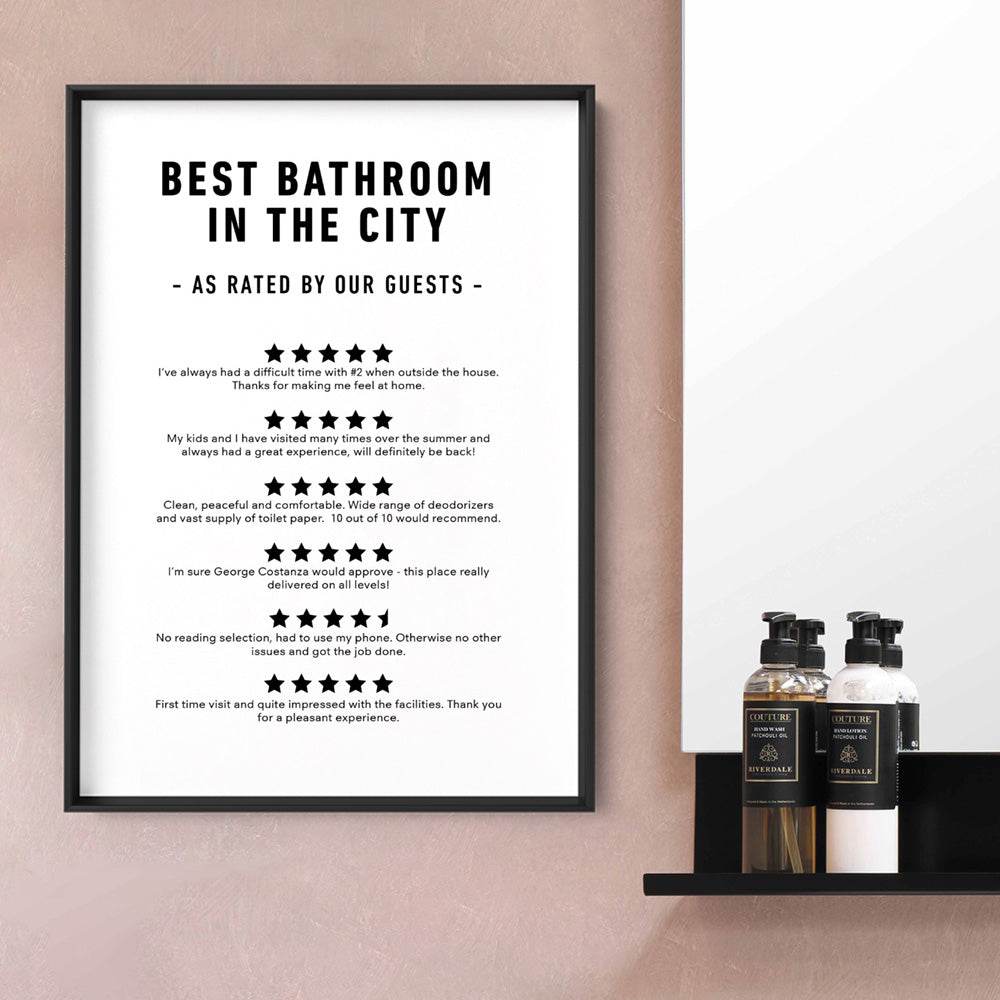 Best Bathroom in The City - Art Print, Poster, Stretched Canvas or Framed Wall Art, shown framed in a room