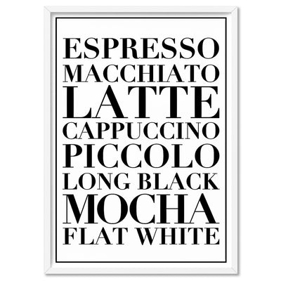 The Coffee List (white) - Art Print, Poster, Stretched Canvas, or Framed Wall Art Print, shown in a white frame