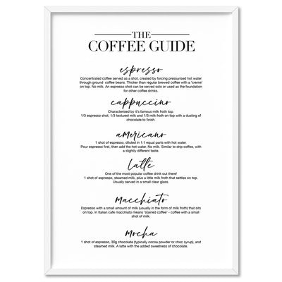 The Coffee Guide - Art Print, Poster, Stretched Canvas, or Framed Wall Art Print, shown in a white frame