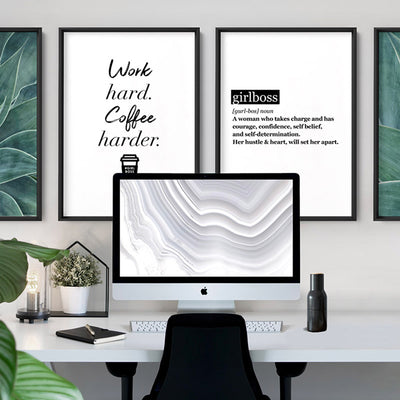Work Hard, Coffee Harder - Art Print, Poster, Stretched Canvas or Framed Wall Art, shown framed in a home interior space