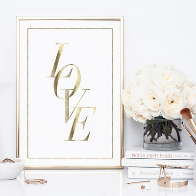 Love is Gold (faux look foil) - Art Print, Poster, Stretched Canvas or Framed Wall Art, shown framed in a home interior space