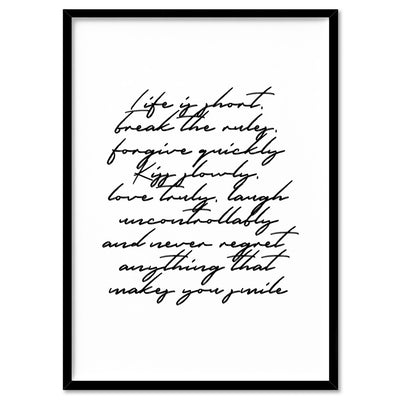 Life is Short Poem - Art Print, Poster, Stretched Canvas, or Framed Wall Art Print, shown in a black frame
