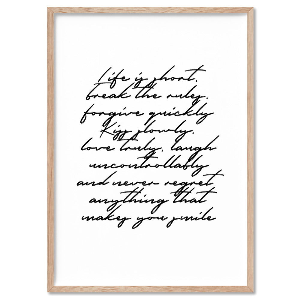 Life is Short Poem - Art Print, Poster, Stretched Canvas, or Framed Wall Art Print, shown in a natural timber frame