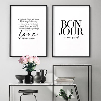 Bonjour, Mon Ami - Art Print, Poster, Stretched Canvas or Framed Wall Art, shown framed in a home interior space