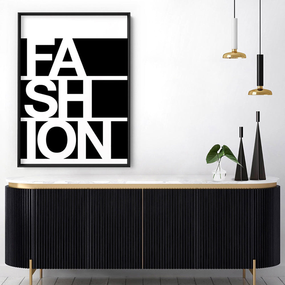 FASHION on black - Art Print, Poster, Stretched Canvas or Framed Wall Art, shown framed in a room