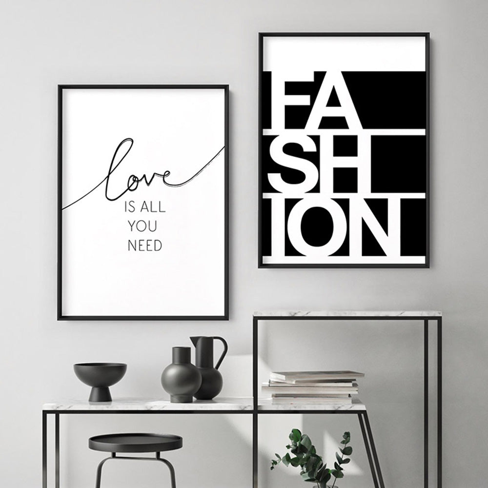 FASHION on black - Art Print, Poster, Stretched Canvas or Framed Wall Art, shown framed in a home interior space