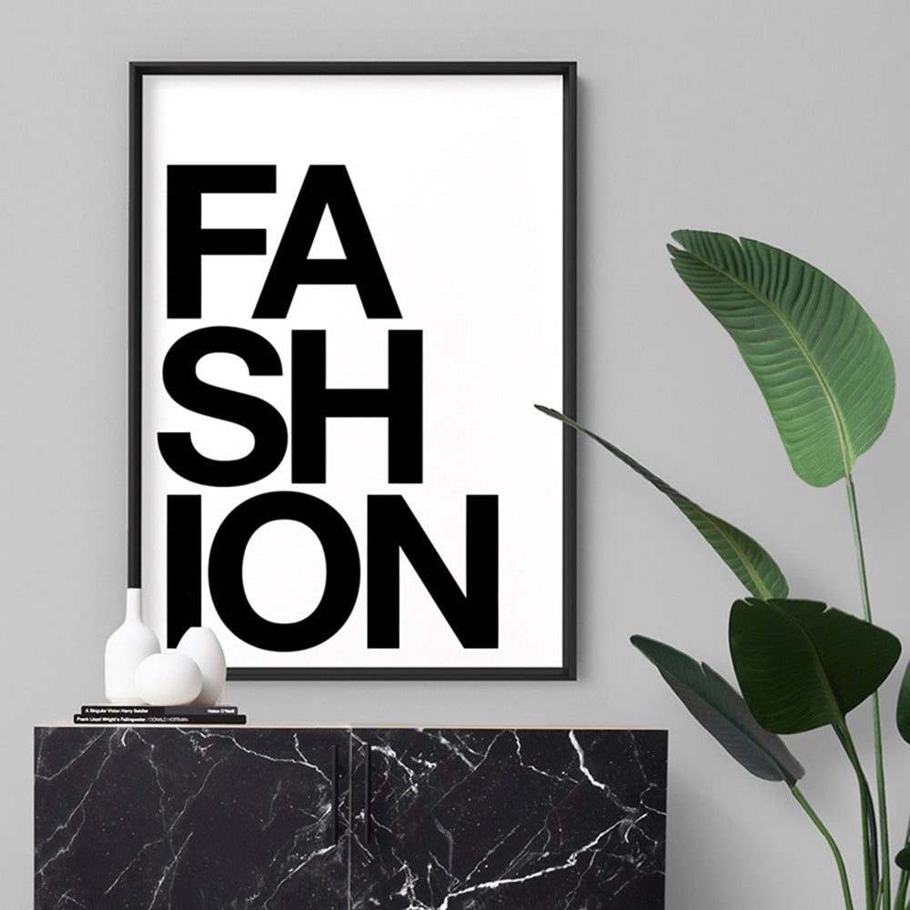 FASHION on white - Art Print, Poster, Stretched Canvas or Framed Wall Art, shown framed in a room