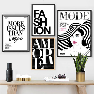 FASHION on white - Art Print, Poster, Stretched Canvas or Framed Wall Art, shown framed in a home interior space