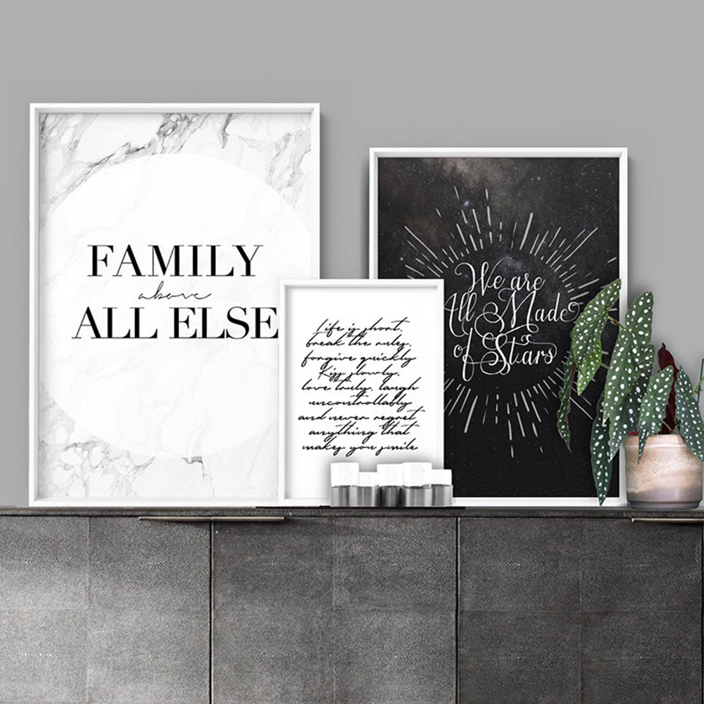 Family, above all else - Art Print, Poster, Stretched Canvas or Framed Wall Art, shown framed in a home interior space