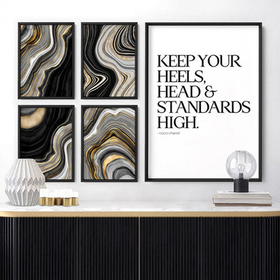 Keep your heels, head & standards high - Art Print, Poster, Stretched Canvas or Framed Wall Art, shown framed in a home interior space
