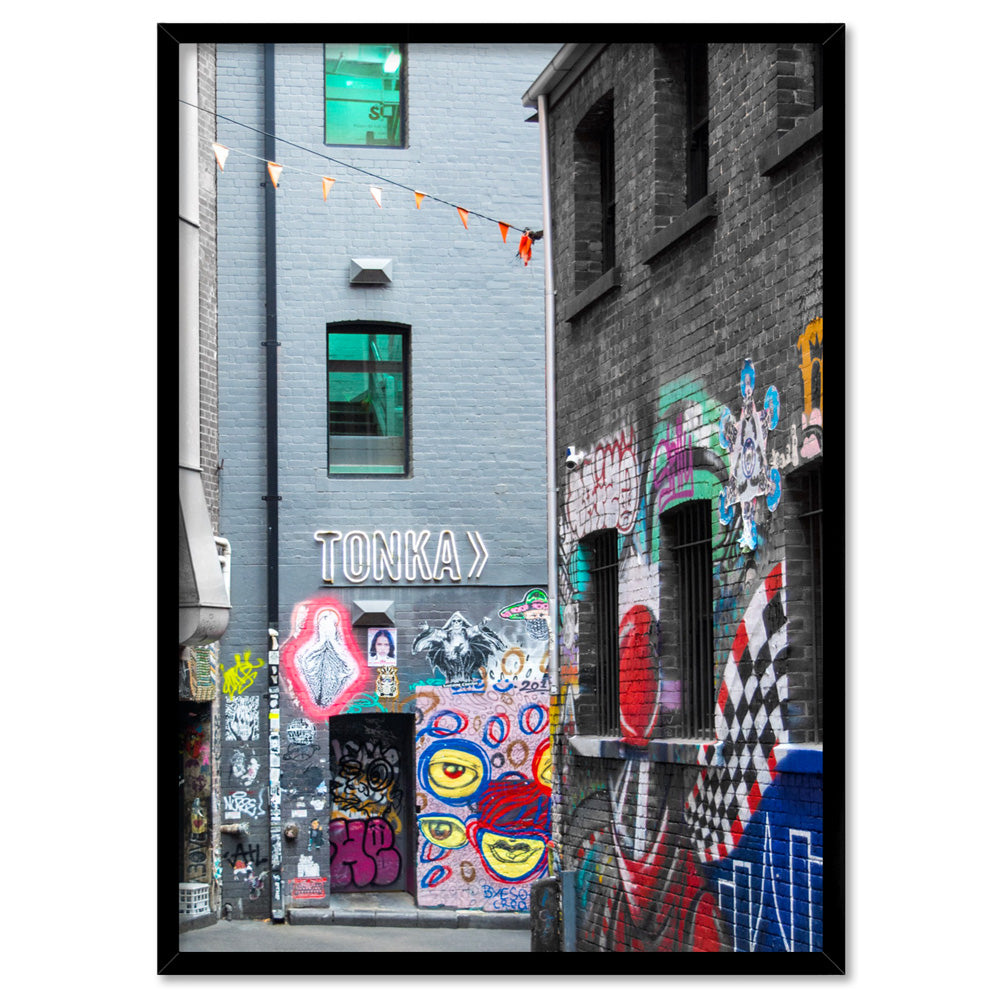 Melbourne Street Art / Hosier Lane TONKA - Art Print, Poster, Stretched Canvas, or Framed Wall Art Print, shown in a black frame