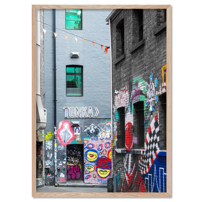 Melbourne Street Art / Hosier Lane TONKA - Art Print, Poster, Stretched Canvas, or Framed Wall Art Print, shown in a natural timber frame
