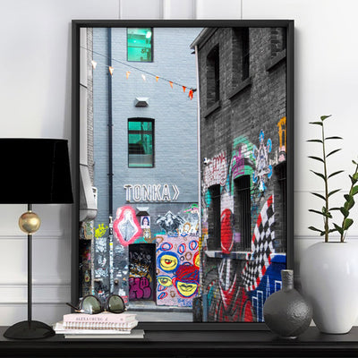Melbourne Street Art / Hosier Lane TONKA - Art Print, Poster, Stretched Canvas or Framed Wall Art, shown framed in a room