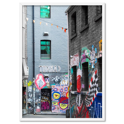 Melbourne Street Art / Hosier Lane TONKA - Art Print, Poster, Stretched Canvas, or Framed Wall Art Print, shown in a white frame