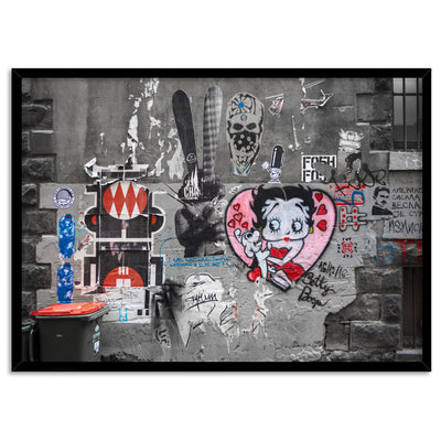 Melbourne Street Art / Hosier Lane Betty Boop - Art Print, Poster, Stretched Canvas, or Framed Wall Art Print, shown in a black frame