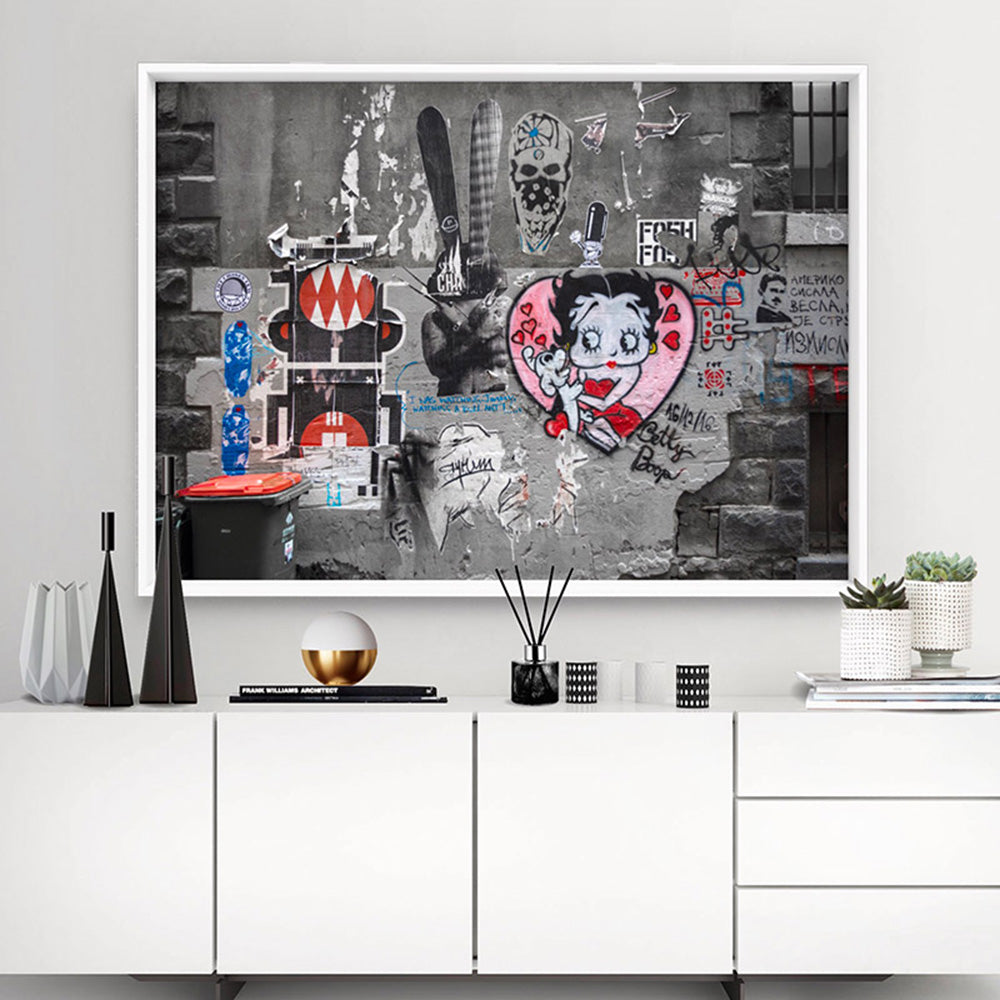 Melbourne Street Art / Hosier Lane Betty Boop - Art Print, Poster, Stretched Canvas or Framed Wall Art, shown framed in a room