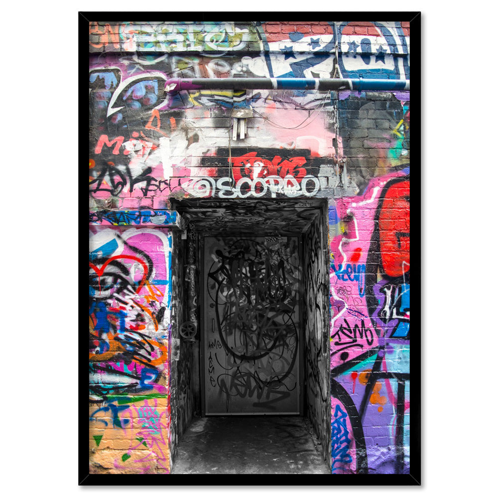 Melbourne Street Art / Hosier Lane Door I - Art Print, Poster, Stretched Canvas, or Framed Wall Art Print, shown in a black frame