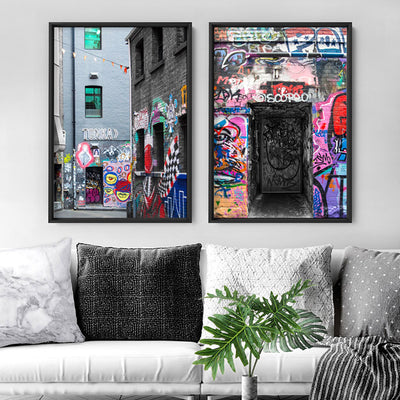 Melbourne Street Art / Hosier Lane Door I - Art Print, Poster, Stretched Canvas or Framed Wall Art, shown framed in a home interior space