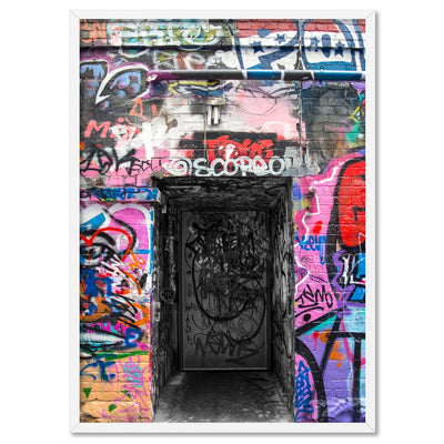 Melbourne Street Art / Hosier Lane Door I - Art Print, Poster, Stretched Canvas, or Framed Wall Art Print, shown in a white frame