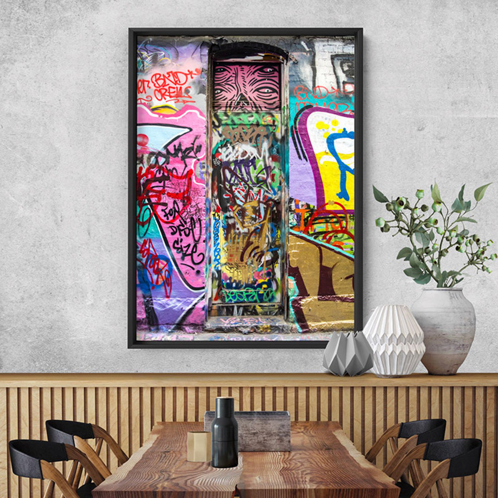 Melbourne Street Art / Hosier Lane Door II - Art Print, Poster, Stretched Canvas or Framed Wall Art, shown framed in a room